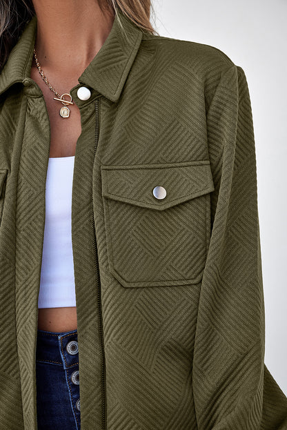 Blackish Green Solid Color Zip Up Button Flap Pocket Shirt Collar Jackets