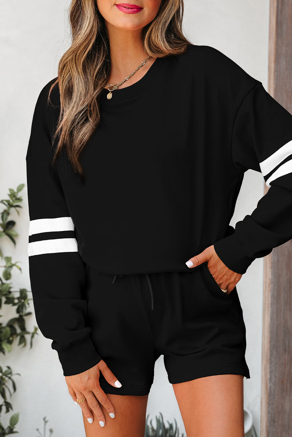 Black Varsity Striped Sleeve Drop Shoulder Sweatshirt and Short Set