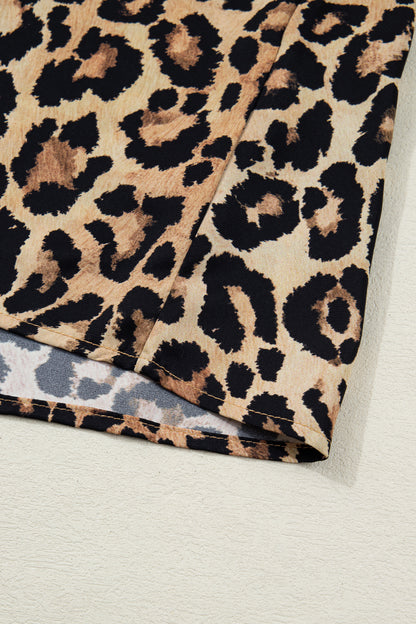 Brown Wild Leopard Print Contrast Striped Frilled Trim Chic Shirt