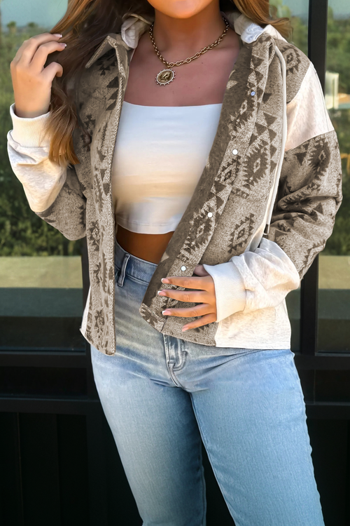 Gray Western Aztec Print Color Block Patchwork Drawstring Hooded Shacket