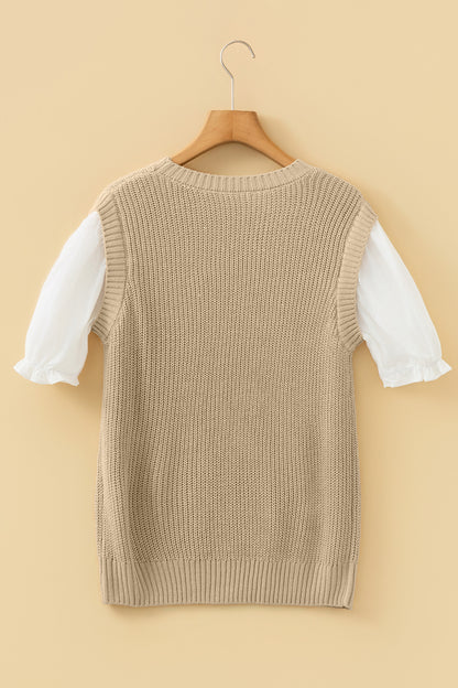 Light French Beige Round Neck Knit Contrast Short Sleeve Patchwork Sweater Top