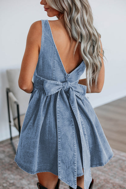 Myosotis Square Neck Bowknot A-line Sleeveless Denim Dress