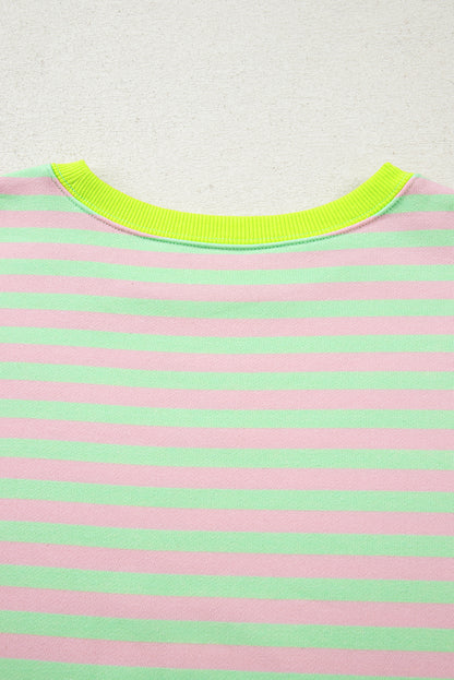 Green Stripe Contrast Ribbed Trim Crossed Stitch Drop Shoulder Sweatshirt
