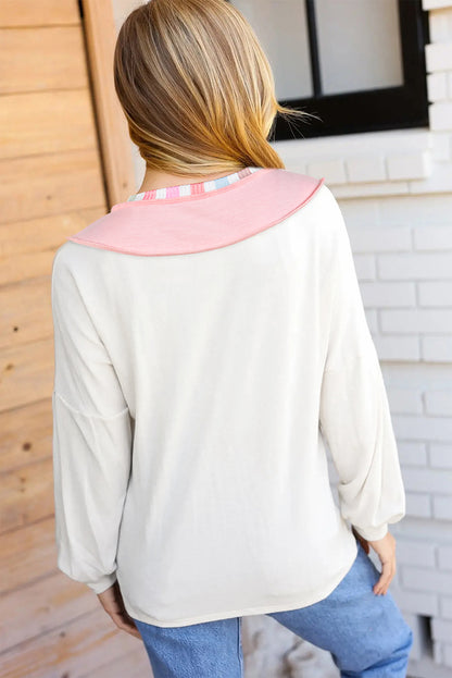 White Exposed Seam Rainbow Stripe Color Block V Neck Loose Long Sleeve Top