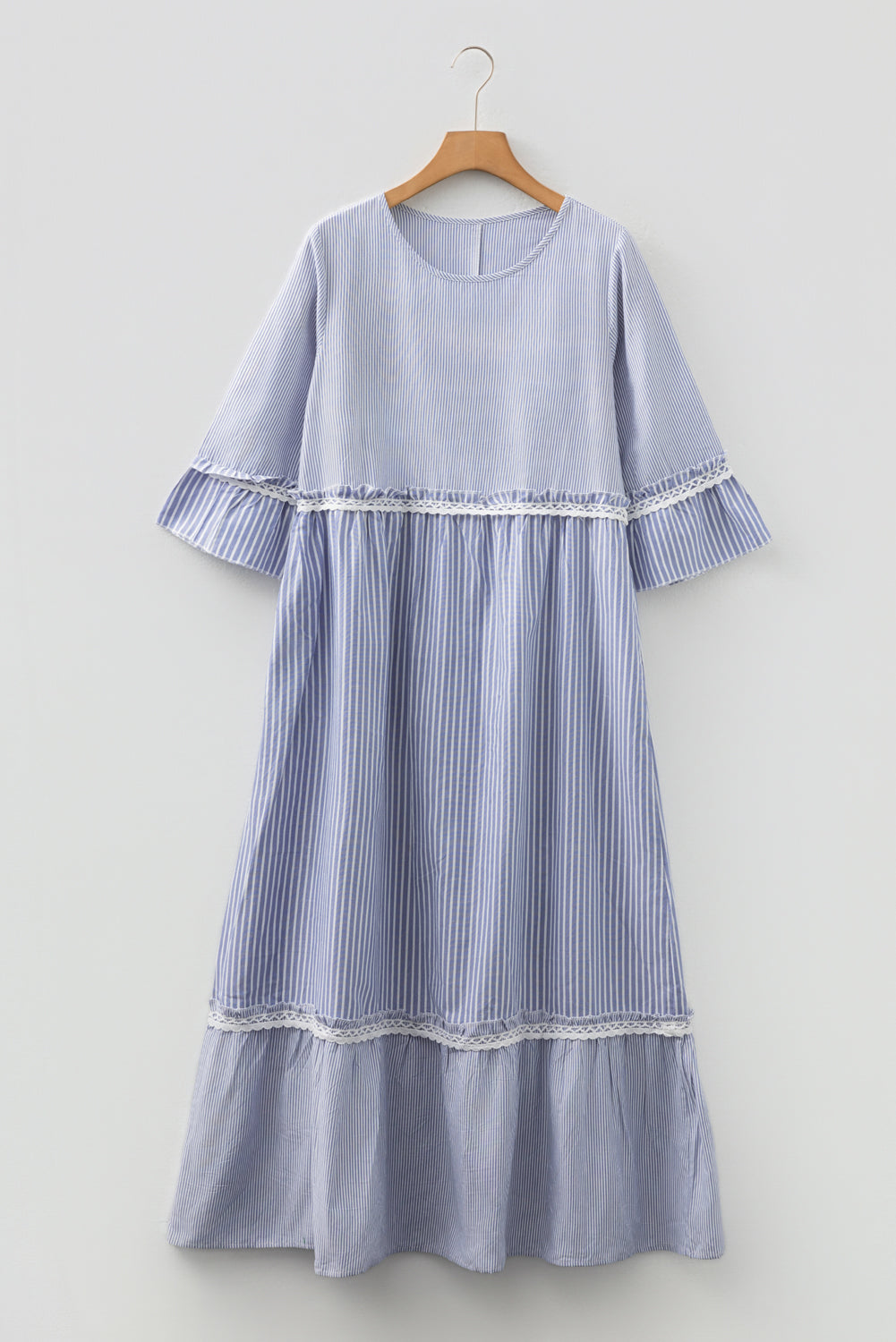 Sky Blue Stripe Patchwork Crossed Lace Detail Bracelet Sleeve Maxi Dress