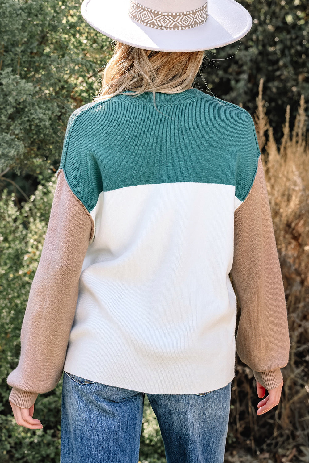 Khaki Color Block Plain Ribbed Knit Baggy Sweater