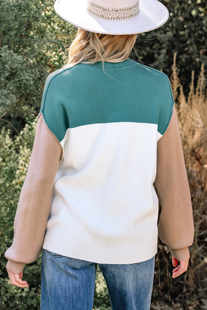 Khaki Color Block Plain Ribbed Knit Baggy Sweater