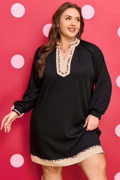 Black Contrast Color Block Leopard Trim Plus Size Ribbed Dress