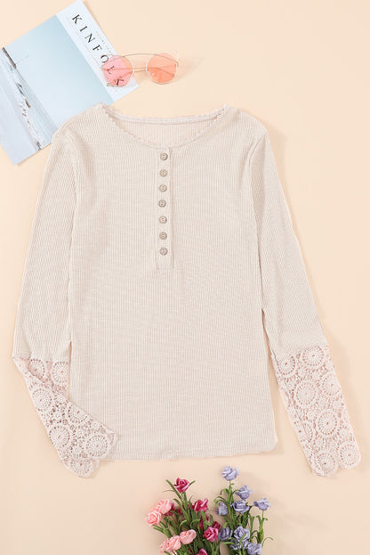 Beige Crochet Lace Hem Sleeve Button Top