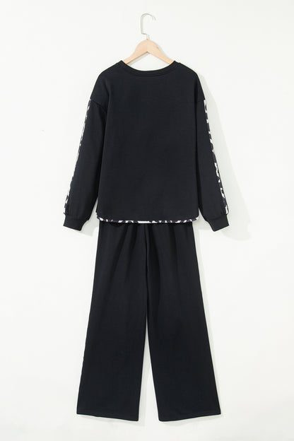 Black Contrast Leopard Trim Casual Sweatshirt Pant Set