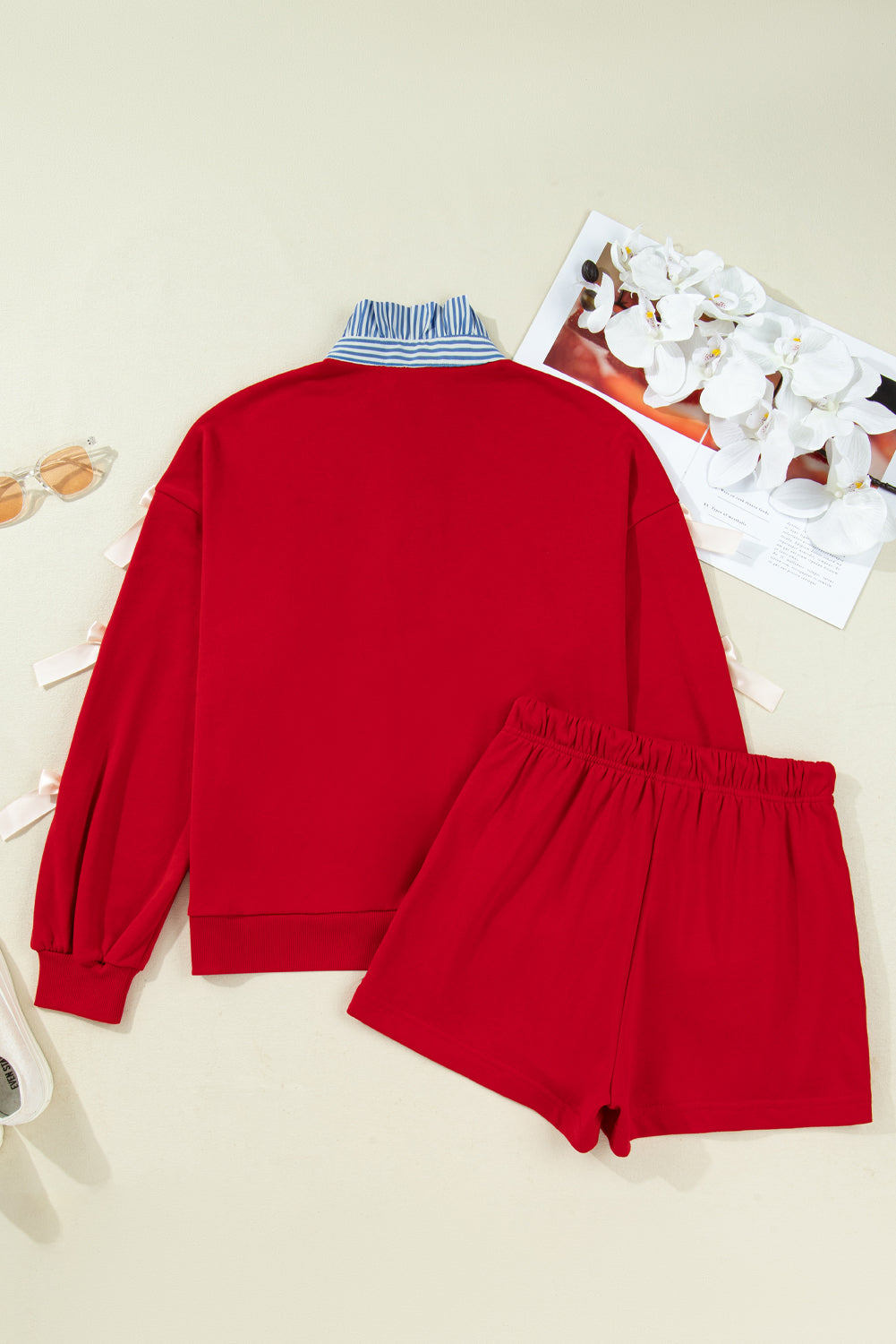Racing Red Striped Collar Patchwork Satin Bow Sweatshirt and Shorts Set