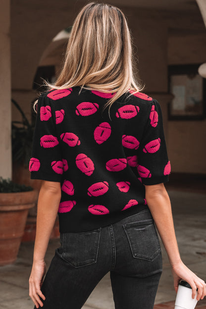 Black Rugby Print Casual Knit Short Sleeve Sweater