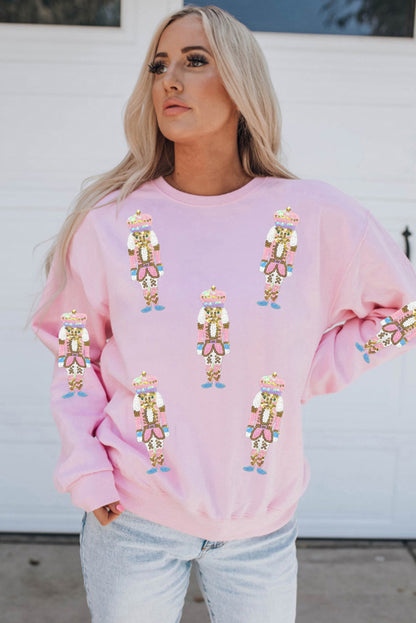 Pink Sequin Nutcracker Christmas Pullover Sweatshirt