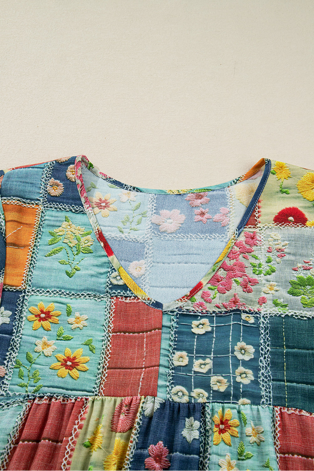 Sky Blue Mix Floral Checkered Pattern Bubble Sleeve Ruffle Hem Dress