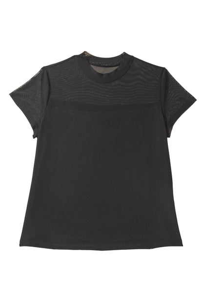 Black Plus Size Sheer Mesh Panel Short Sleeve Top