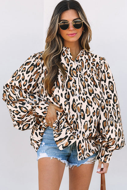 Light French Beige Oversized Leopard Print Balloon Sleeve Casual Shirt