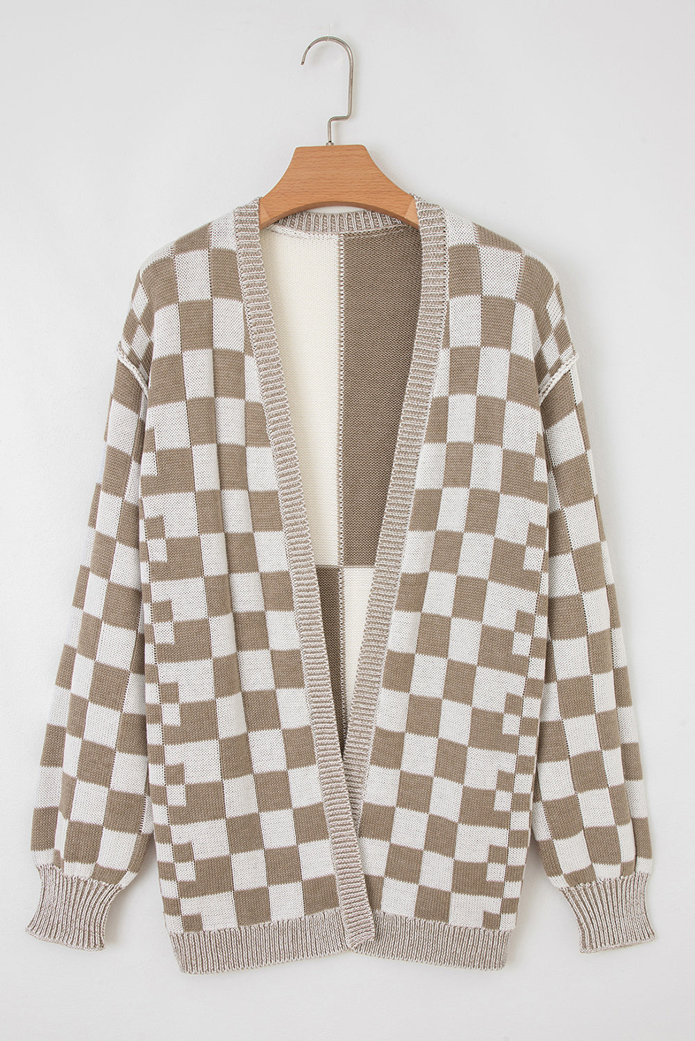 Black Checkered Open Front Drop Shoulder Cardigan