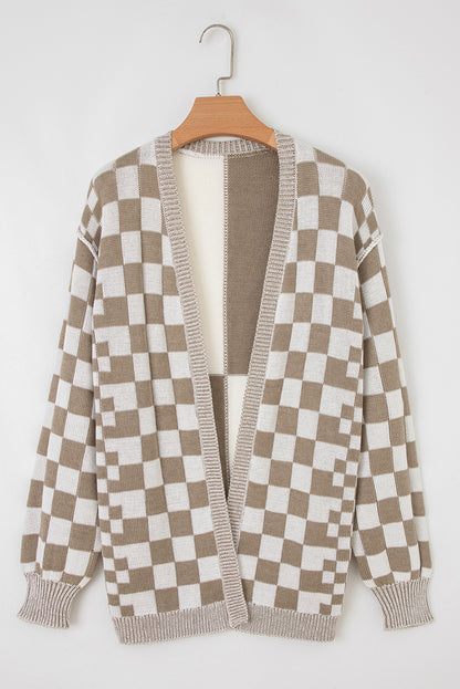 Black Checkered Open Front Drop Shoulder Cardigan