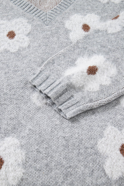 Gray Cute Flower Print V Neck Drop Shoulder Baggy Sweater