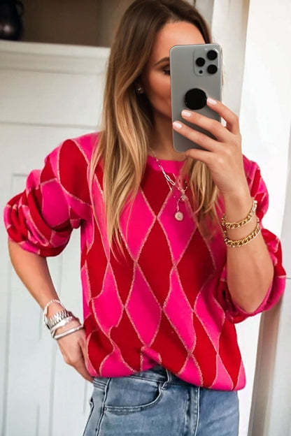 Rose Red Glitter Rhombus Pattern Knit Womens Casual Sweater