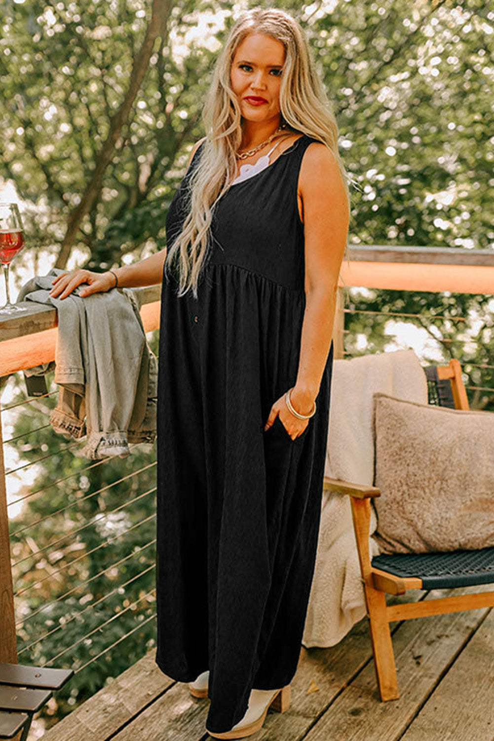 Black Plus Size Sleeveless Button Front Loose Jumpsuit