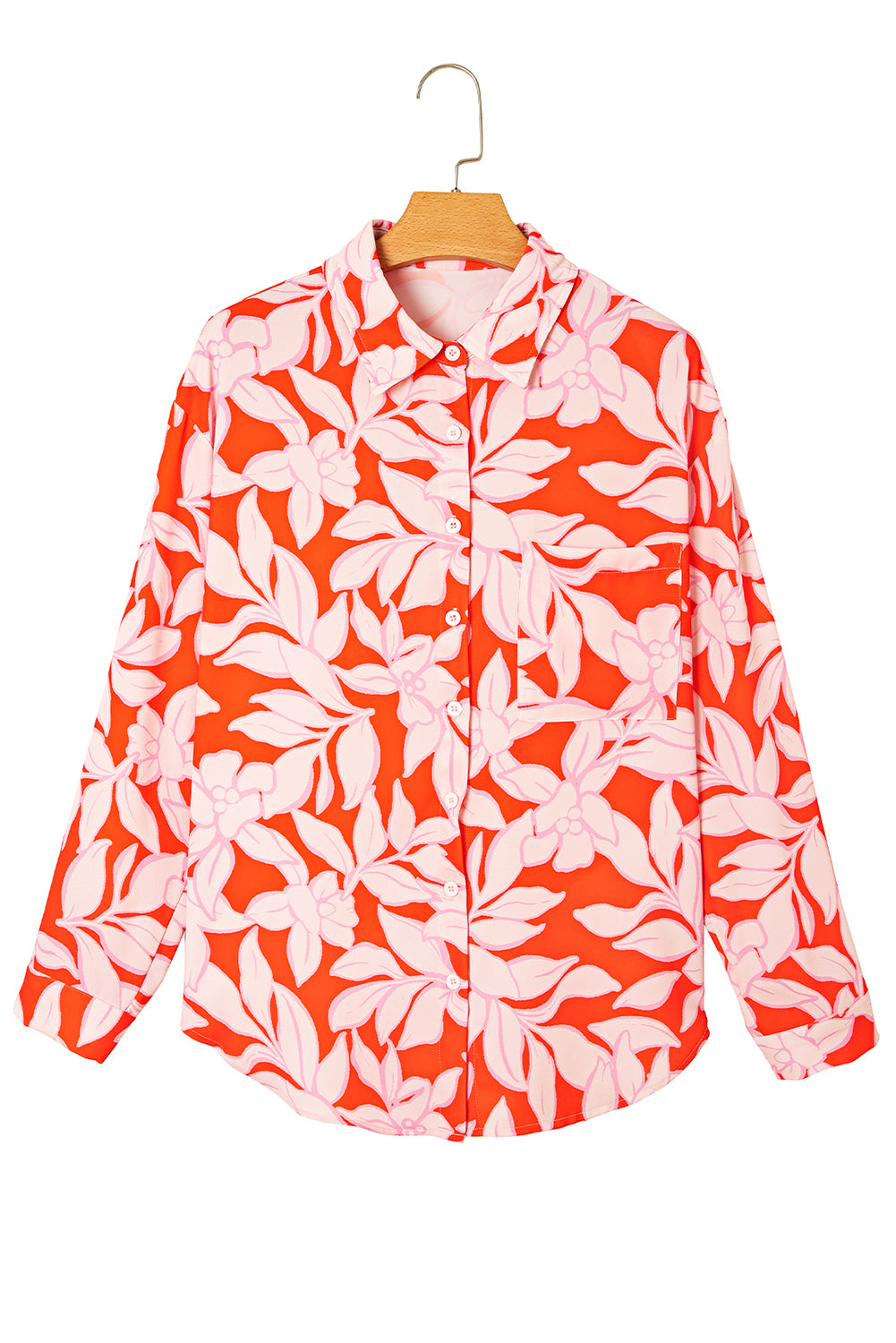 Orange Botanical Print Single Chest Pocket Button Up Shirt
