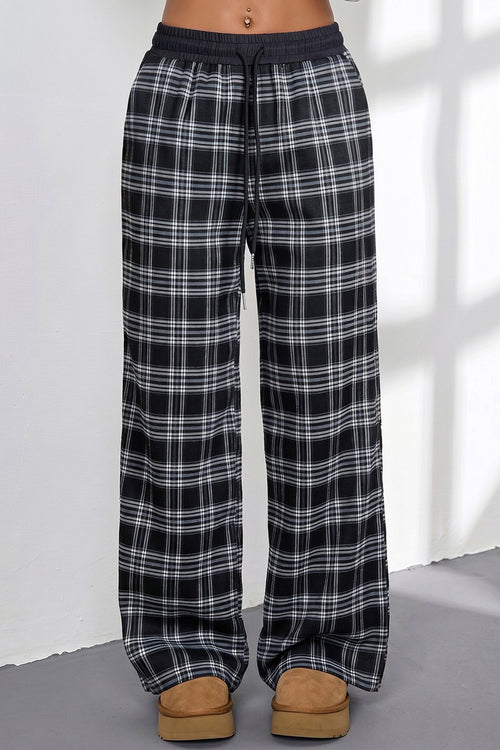 Black Frenchy Plaid Pattern Contrast Drawstring Waist Wide Leg Pants