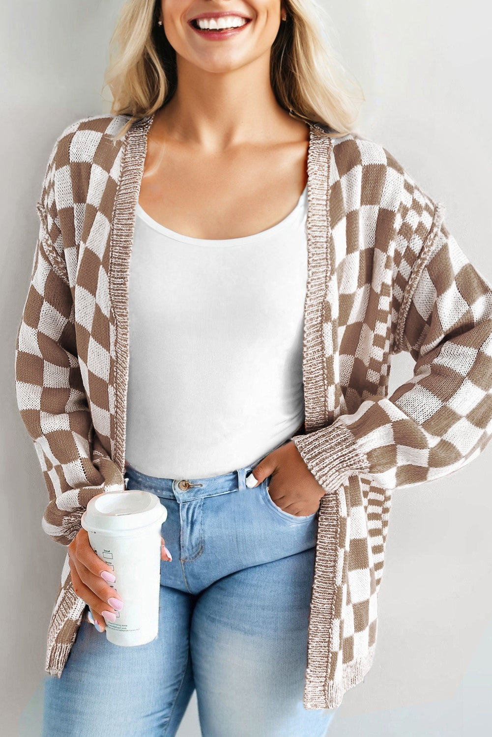 Black Plus Size Checkered Bubble Sleeve Drop Shoulder Open Cardigan