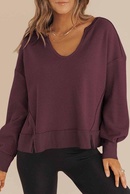 Casual Waffle Knit Notched V Neck Drop Shoulder Solid Sweatshirt