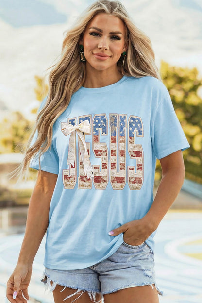 Light Blue Patriotic JESUS Letter Print Shift T Shirt