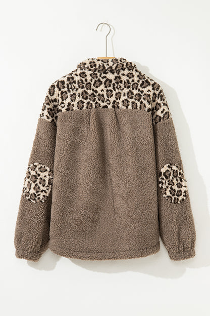 Brown Sherpa Leopard Print Flap Pocket Collared Button Up Jacket