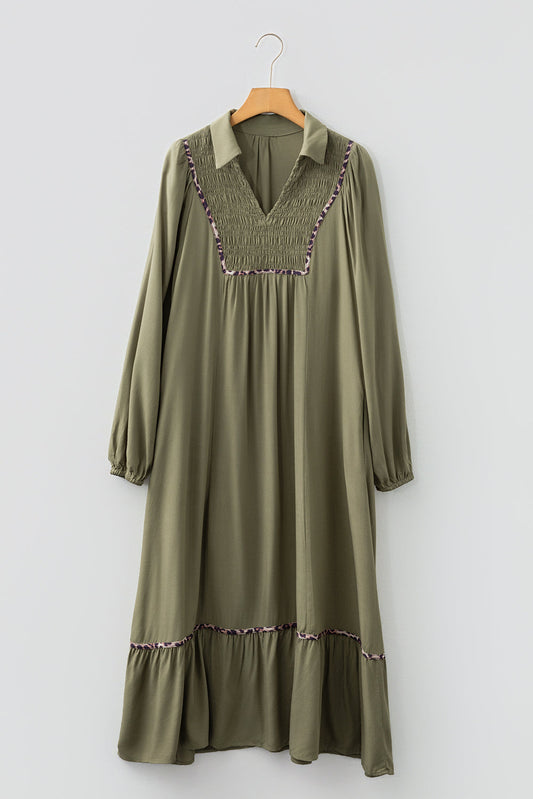 Four Leaf Clover Collared V Neck Smocked Detail Contrast Leopard Trim Bracelet Sleeve Long Dress