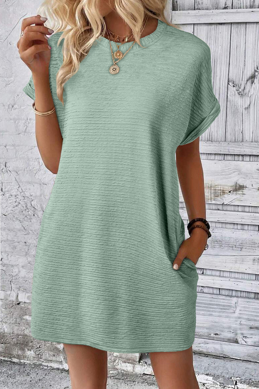 Grass Green Solid Color Textured Crinkle Short Sleeve T Shirt Dress