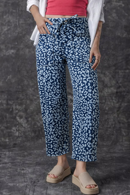 Khaki Leopard Printed Drawstring Elastic Waistband Pocketed Wide Leg Jeans