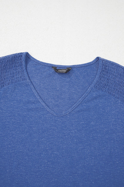 Sky Blue Shirred Shoulder Frilled Cuffs Long Sleeve Top