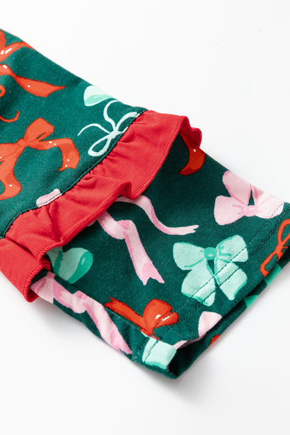 Green Festive Bow Print 2pcs Pajama Pant Set