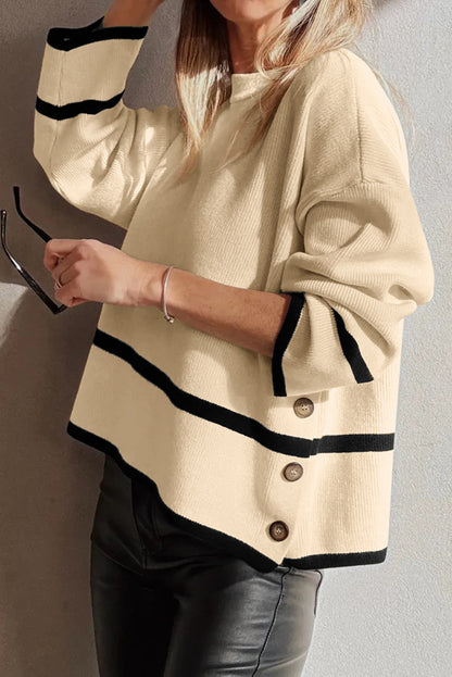 Beige Ribbed Knit Contrasted Stripe Detail Button Side Loose Sweater
