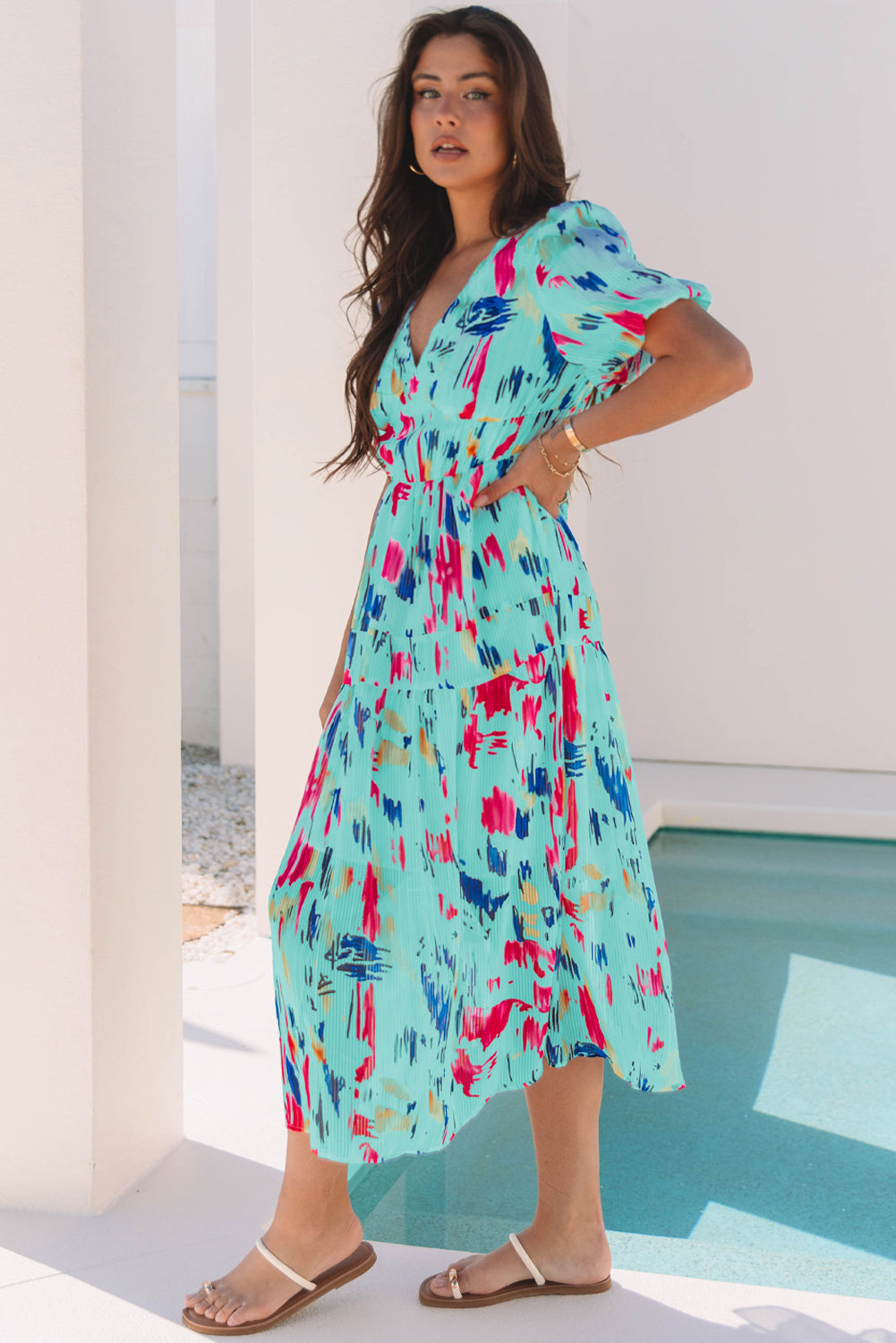 Rose Abstract Print Short Puff Sleeve Tiered Maxi Dress
