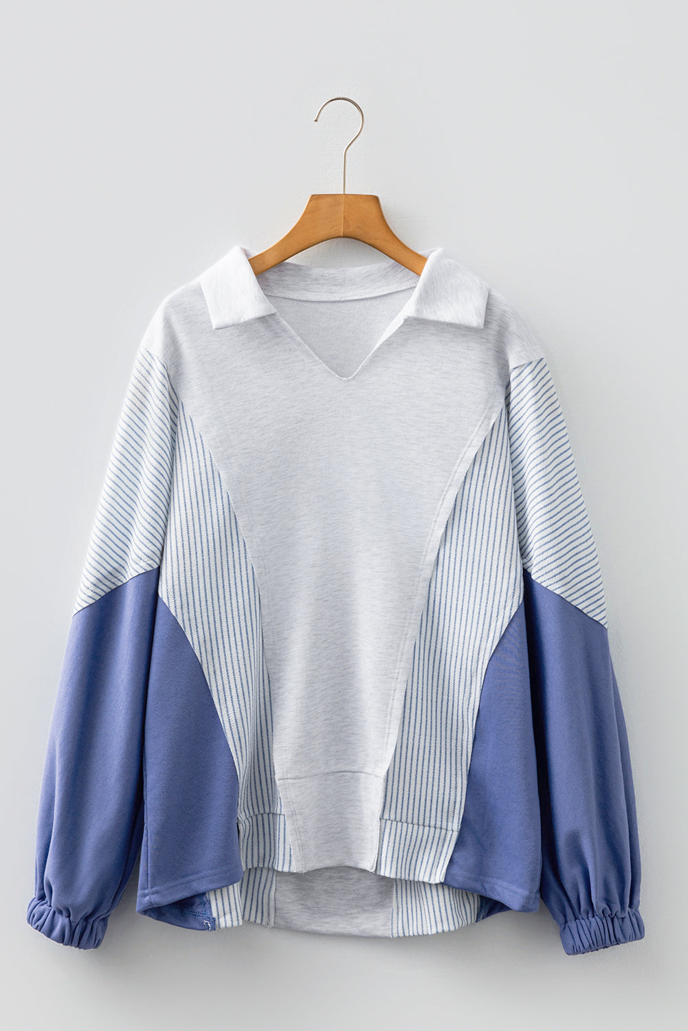 Light Grey Oversized Striped Colorblock Dolman Sleeve Collared Casual Top