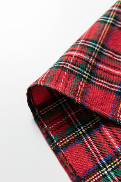 Red Festive Plaid Pearl Embellished Ruffle Short Sleeve Blouse