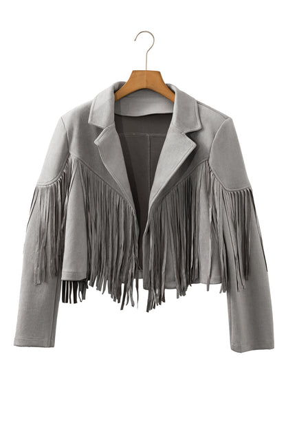Gray Cropped Fringe Faux Suede Jacket