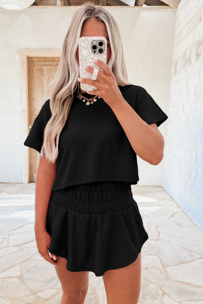 Black 2pcs Cropped Tee and Ruffle High Waist Skort Set