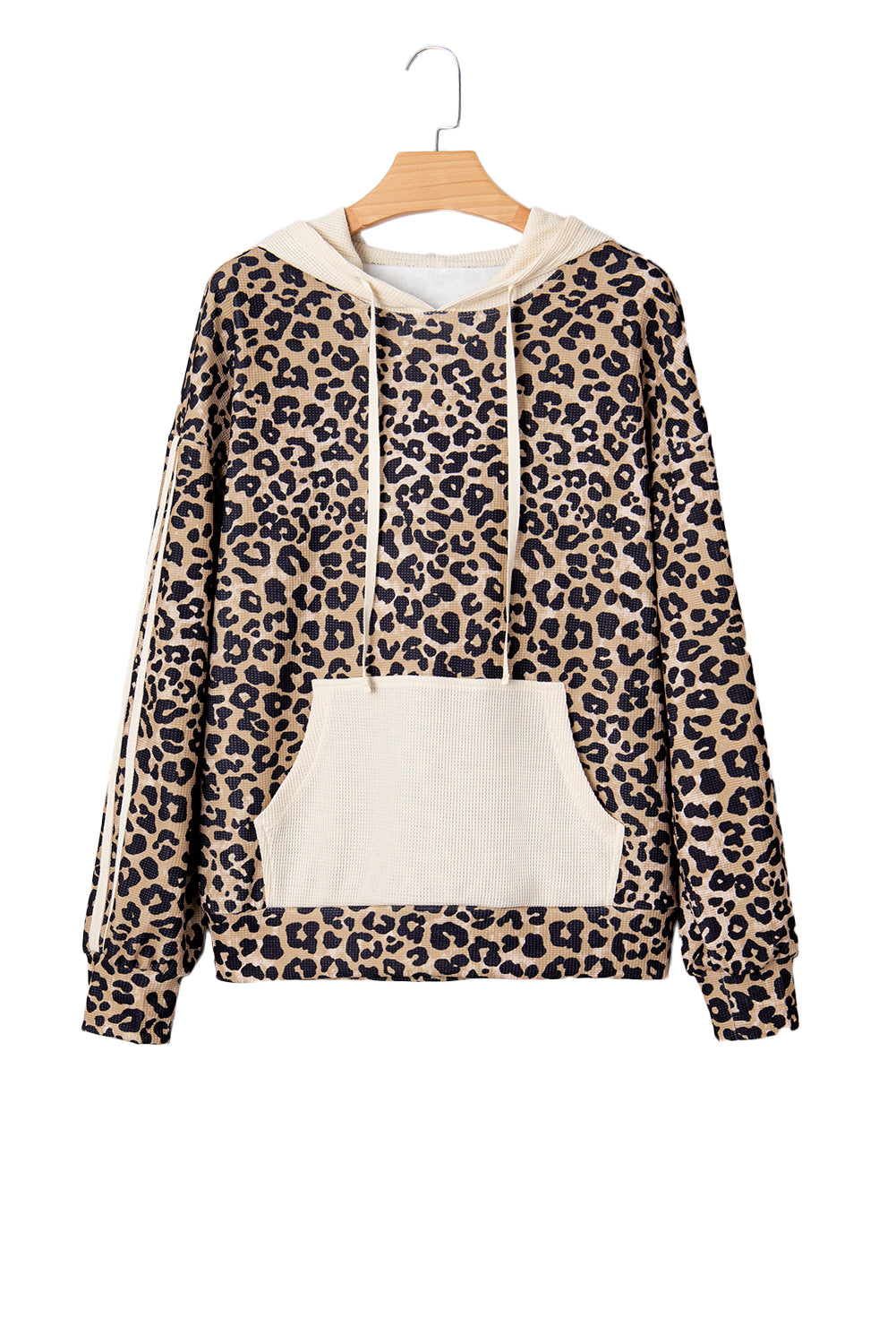 Leopard Print Waffle Contrast Kangaroo Pocket Hooded Sweatshirt