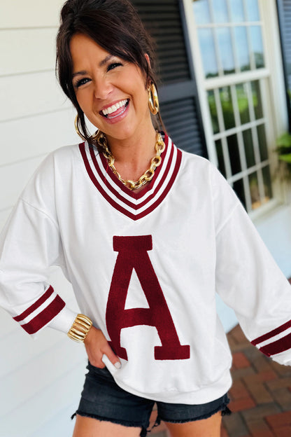 Red Dahlia Chenille Letter A Graphic Varsity Striped V Neck Puff Sleeve Sweatshirt
