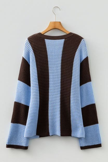 Fushia Striped Color Block Thermal Textured Knit Drop Shoulder Sweater