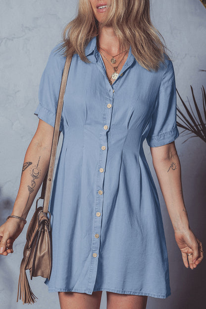 Myosotis Denim Pleated Slim Waist Short Sleeve Shirt Dress