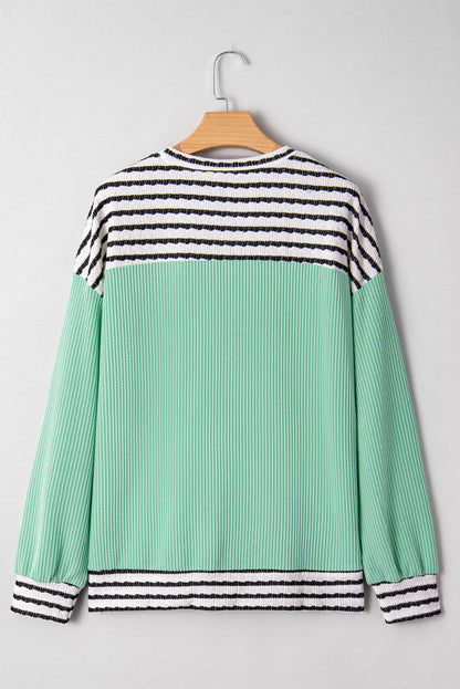Sea Green Twisted Ribbed Contrast Round Neck Striped Patchwork Long Sleeve Top