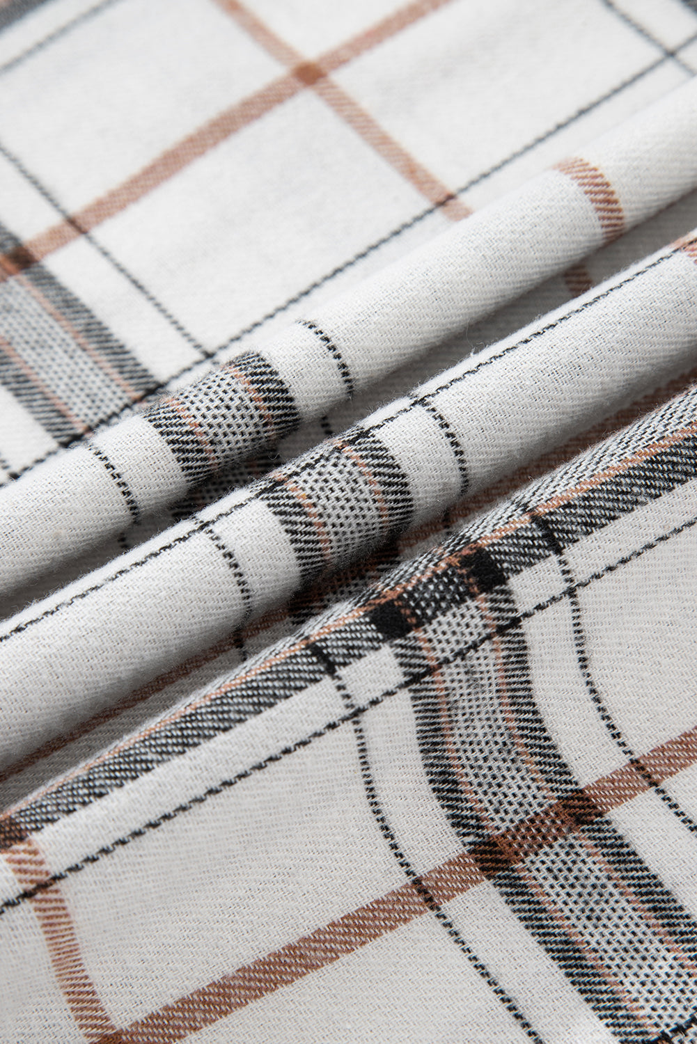 White Plaid Print Collared V Neck Loose Blouse with Side Slits