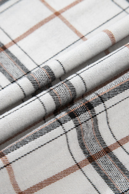 White Plaid Print Collared V Neck Loose Blouse with Side Slits