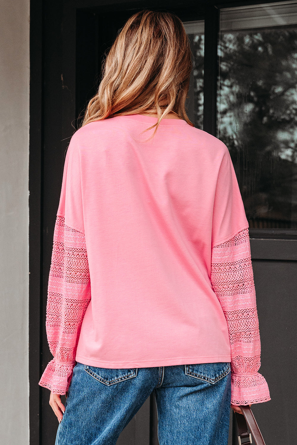 Sachet Pink Drop Shoulder Lace Ruffled Sleeve Patchwork Loose Sweatshirt
